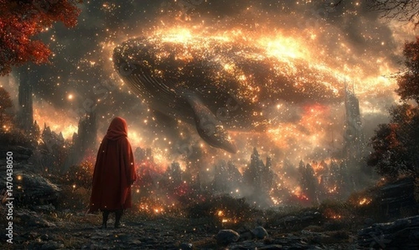 Fototapeta A cloaked figure gazes upon a colossal, fiery whale in a mystical, burning landscape