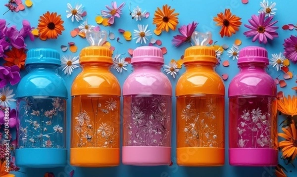 Fototapeta Colorful plastic bottles filled with decorative elements, surrounded by flowers and confetti on a blue background