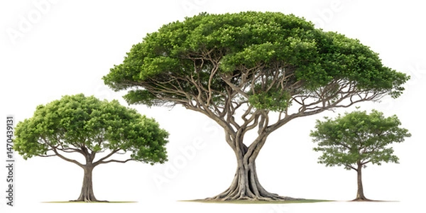 Fototapeta Ficus microcarpa (Chinese banyan, small-fruited fig, Malayan banyan, Indian laurel, or curtain fig) frontal set street trees, AI Generative