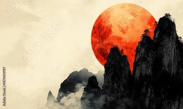 Fototapeta Crimson moon dominates a misty, mountainous landscape; dark, jagged peaks rise against a backdrop of soft, pale clouds