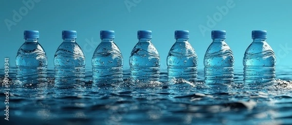 Fototapeta Several plastic bottles of water partially submerged in a body of water