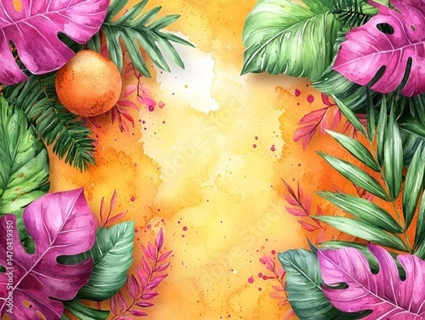 Fototapeta Vibrant watercolor backdrop featuring tropical foliage & a citrus fruit, creating a summery, frame-like composition