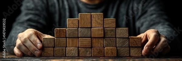 Fototapeta Hands carefully arrange a pyramid of dark brown wooden blocks on a table against a dark background