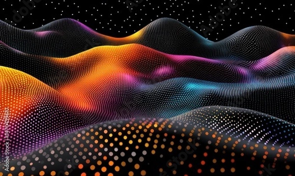 Fototapeta Vibrant, undulating hills of light and color, created from countless small dots.  The dark background emphasizes the luminescence