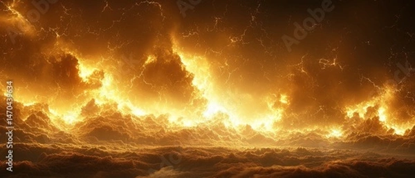 Fototapeta Fiery, golden clouds fill the sky, a breathtaking celestial panorama.  Intense light illuminates the dramatic cloudscape