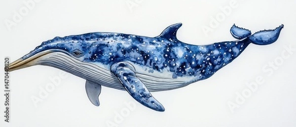 Fototapeta Detailed illustration of a blue whale, showcasing its intricate patterns and graceful form in a side profile view against a plain background
