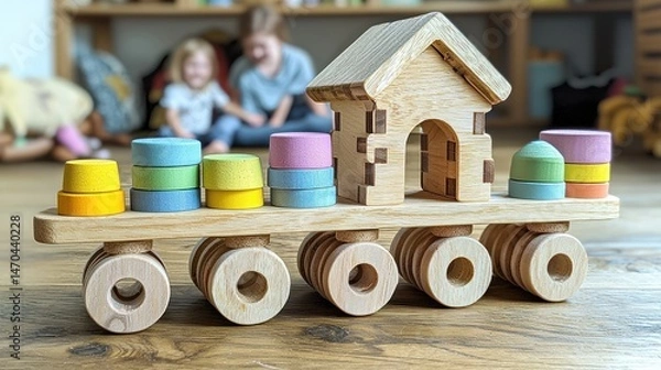 Fototapeta Wooden toy train with pastel-colored stacking cylinders and a house-shaped structure.  Ideal for imaginative play and developing fine motor skills