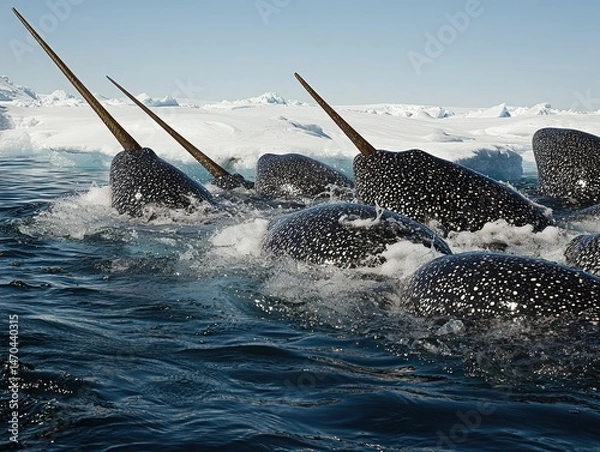 Fototapeta A pod of whales with prominent tusks surfaces near icy terrain.  The water is choppy