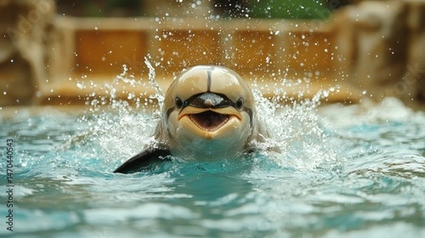 Fototapeta Playful marine mammal surfaces, splashing water.  Smiling,  showing teeth