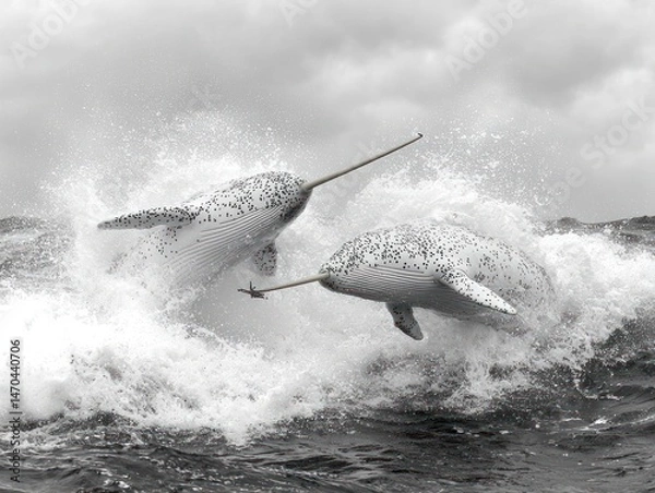 Fototapeta Two narwhals leap from the ocean, creating a dramatic splash of water.  Their tusks are prominent, and their spotted bodies contrast against the white water