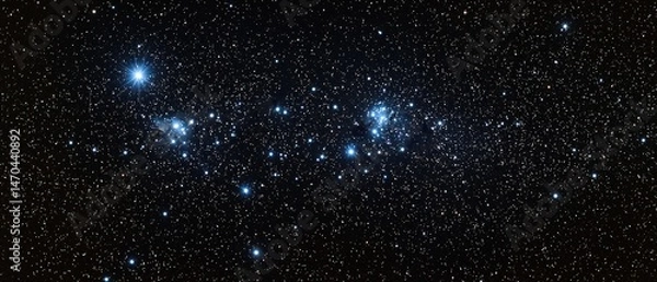 Fototapeta A celestial panorama showcasing a cluster of brilliant stars, scattered amidst a backdrop of countless fainter stars, creating a breathtaking display of cosmic beauty