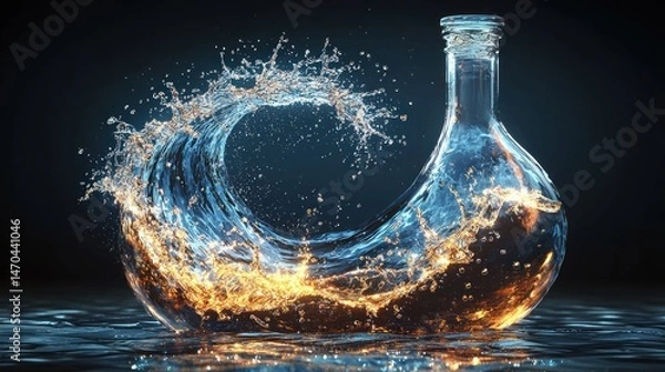 Fototapeta A glass bottle filled with liquid, surrounded by a dynamic splash forming a swirling wave.  The liquid glows with inner light