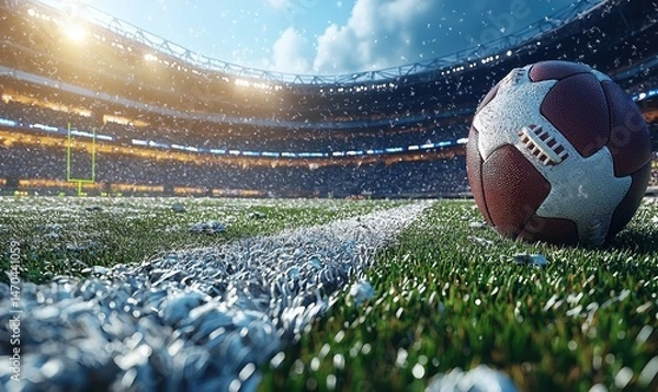 Fototapeta A wet football rests on a rain-soaked field,  stadium lights gleaming in the background