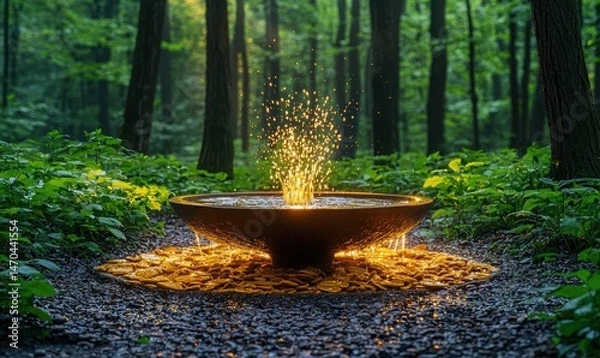 Fototapeta Serene forest scene with a water feature;  glowing, golden base, water splashing upwards