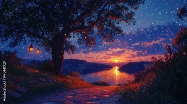 Fototapeta Serene sunset over calm lake, path leads to large tree with hanging lanterns, starry sky