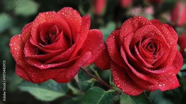 Obraz Scarlet roses bloom vibrantly adorned with two glistening dewdrops as warm sunlight bathes their lush green leaves in a serene garden