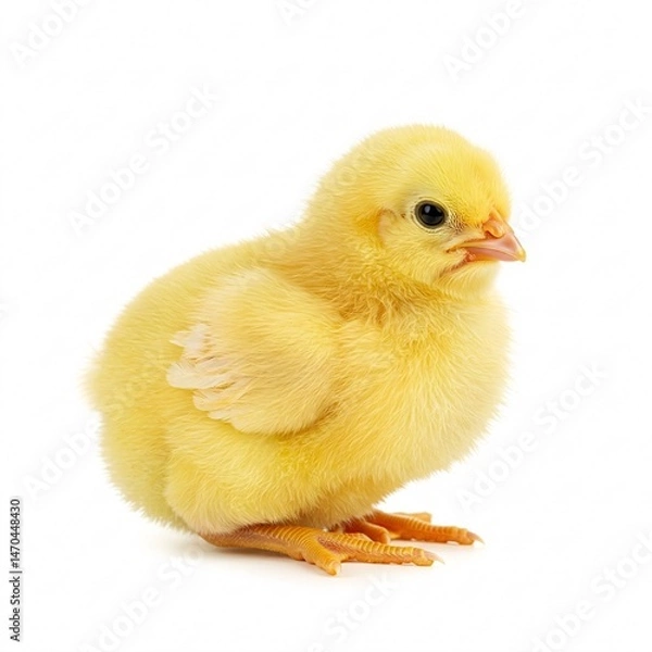Fototapeta Small fluffy yellow chick with tiny orange feet, looking to the side, isolated on a white