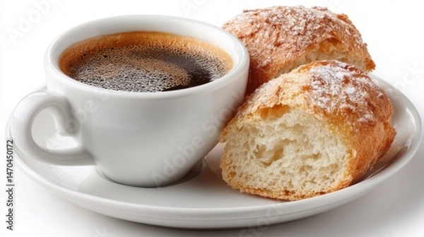 Fototapeta A cup of hot espresso sits beside two pieces of bread, cozy breakfast or coffee break, isolated on a white background
