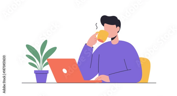 Fototapeta Man enjoying coffee while working on a laptop at a desk  