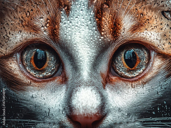 Obraz Close-up of a curious cat staring out of a rainy window, water droplets on glass, soft natural backlight, sharp focus on cat