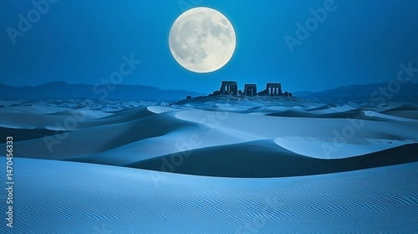 Fototapeta Moonlit desert vast dunes ancient ruins rising above the sand cinematic serene solitude
