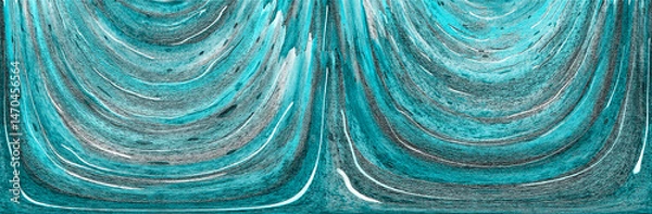 Fototapeta Turquoise and gray arcs alternate and diverge from one edge of the background to the other. Symmetrical rhythmic abstract textured background. Illustration.