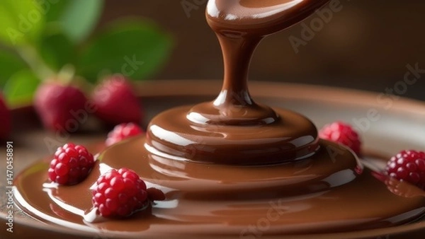 Fototapeta Luxurious melted chocolate fountain surrounded by fresh raspberries and strawberries on a rustic wooden table