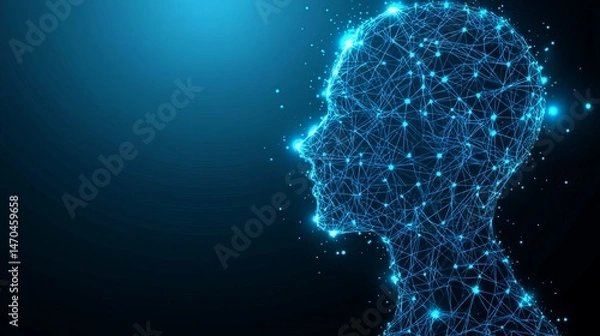 Obraz A low-poly blue cyborg's silhouette merges with circuit wires.  Its face, a network of dots, lines, and triangles, represents a digital human.  An AI concept; artificial intelligence background.
 