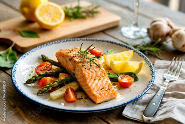 Fototapeta Grilled Salmon with Asparagus, Cherry Tomatoes, and Lemon