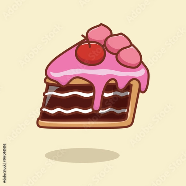 Obraz Vector illustration of  piece of cake with cream and berry on colorful background.