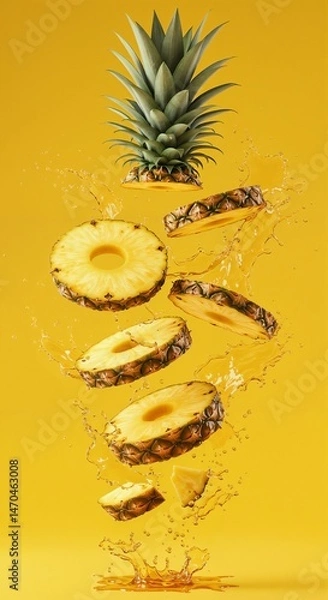 Fototapeta Whole and sliced pineapple with splash on yellow background with copy space