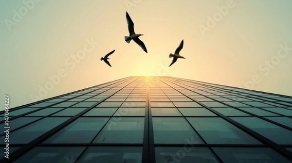 Fototapeta Three birds fly towards a building under the setting sunlight