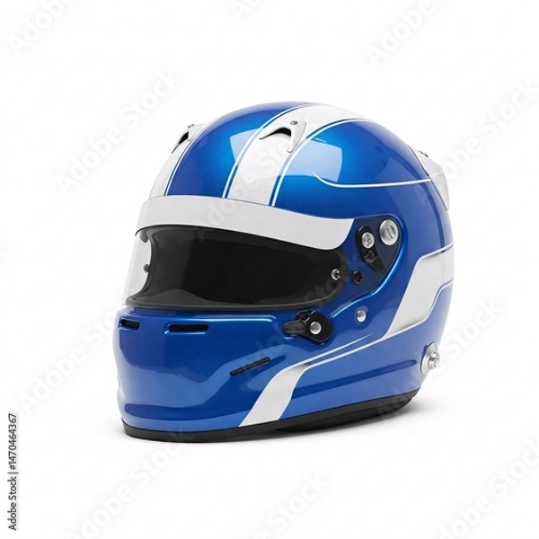 Fototapeta Blue racing helmet with white stripes and clear visor, isolated on white