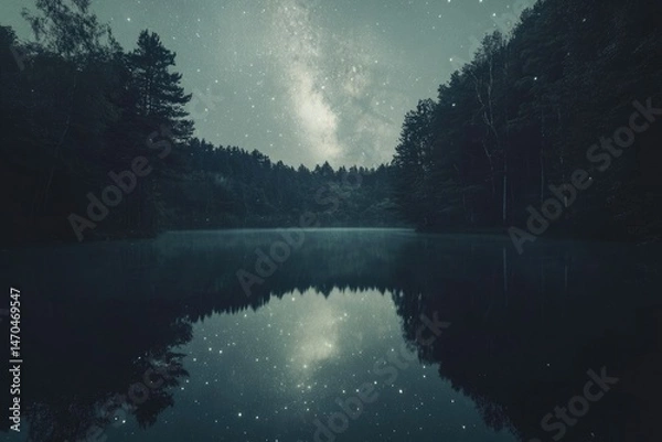 Obraz Starry night sky reflected in a tranquil lake surrounded by a dark forest.