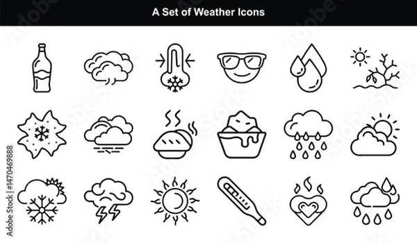 Fototapeta Outline Style Weather Icons Set Featuring Cloud, Rain, Sun, Snow and Thermometer