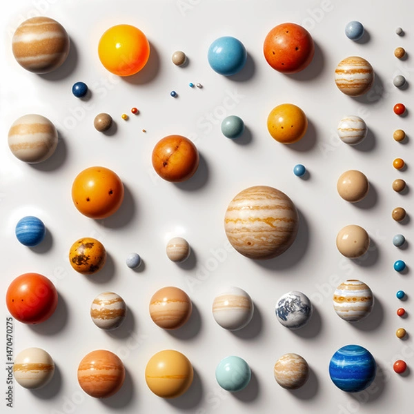 Fototapeta Neatly organized knolling layout of different planets, 3d render of a set of spheres with a ball, abstract planetary background, design illustration wallpaper 