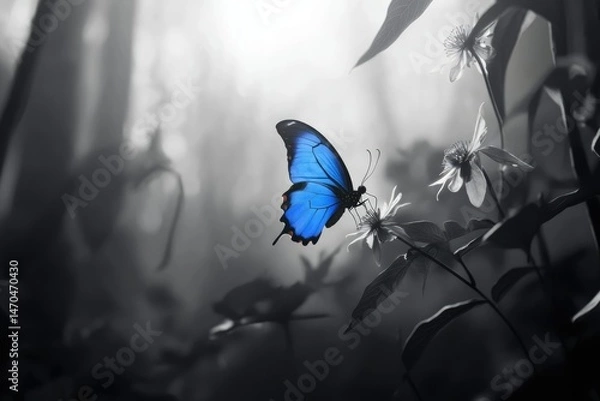 Obraz A vibrant blue butterfly rests on a delicate flower amidst a grayscale forest, a moment of striking contrast and serene beauty.
