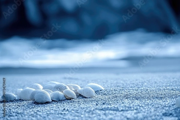 Obraz Seashells on a sandy beach with a blurred ocean background, serene and peaceful.
