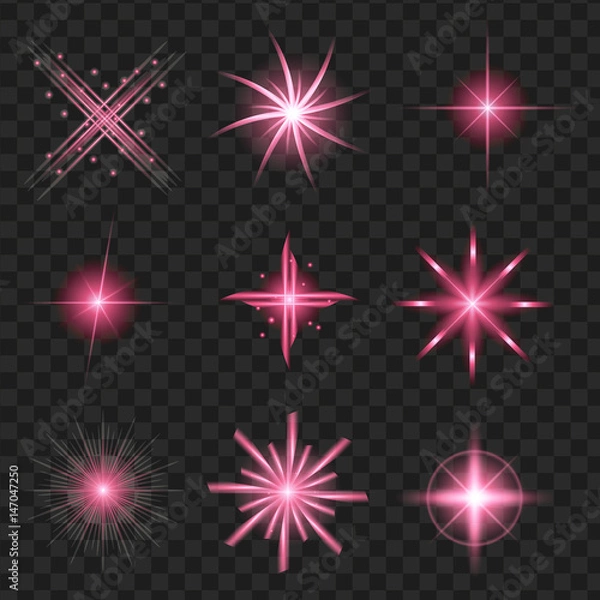 Fototapeta Purple shine stars with glitters, sparkles icons set. Effect twinkle, glare, scintillation element sign, graphic light. Transparent design elements background. Varied template Vector illustration