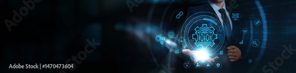 Fototapeta E-governance, businessman holding the digital control panel of real-time administrative systems, business and secure governmental network, cloud-based public services, transparent policy automation.
