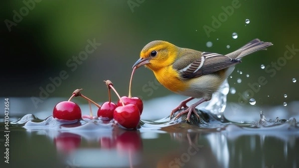 Fototapeta A small bird perches on a mossy rock surrounded by cherries in a tranquil water setting, with a vibrant green background