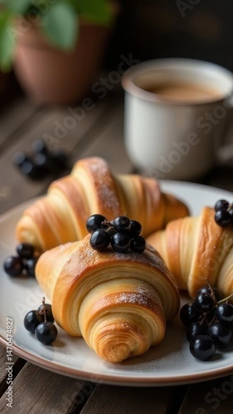 Fototapeta Freshly baked croissants garnished with ripe blackcurrants sit on a plate beside a mug of coffee, creating an inviting breakfast setting on a wooden table
