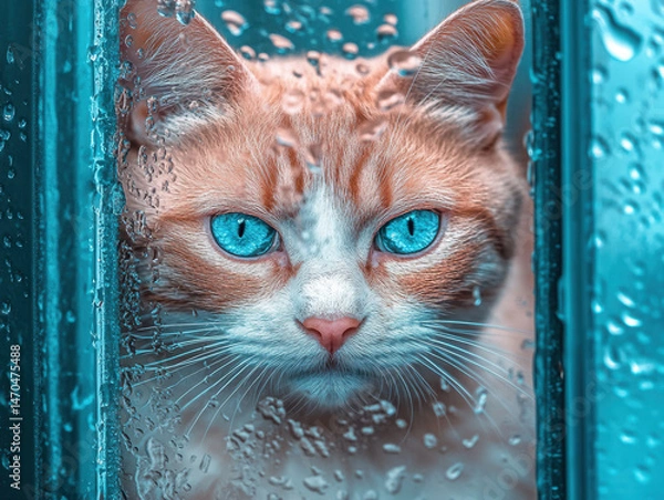 Obraz A detailed close-up of a ginger tabby cat gazing through a rainy window, heterochromatic eyes (one amber, one icy blue), tiny water droplets on the glass catching the light, soft bokeh effect  