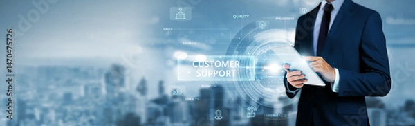 Fototapeta Businessman using tablet analyzing customer support data and service management network. Real-time assistance tools, personalized customer engagement strategies, helpdesk automation systems