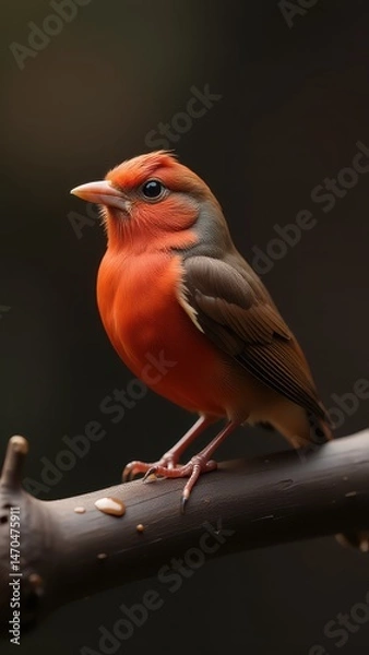 Fototapeta A vibrant orange bird with striking feather patterns perches on a branch against a dark background, showcasing its vivid plumage in fine detail