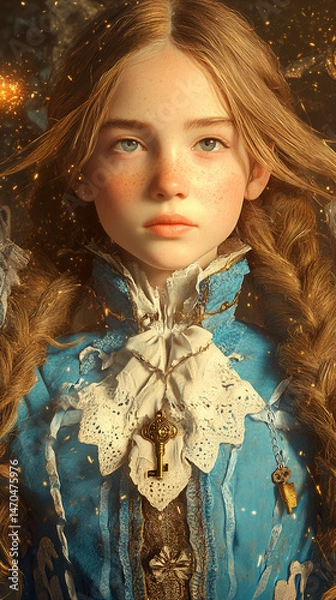 Obraz A young girl with long golden curls, wearing a delicate pastel blue dress with white lace trim, exploring a magical forest. Her eyes sparkle with curiosity as she reaches out to touch  