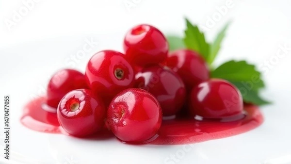 Fototapeta Juicy red cranberries on a white plate, accented by green leaves, with a vibrant splash of cranberry juice