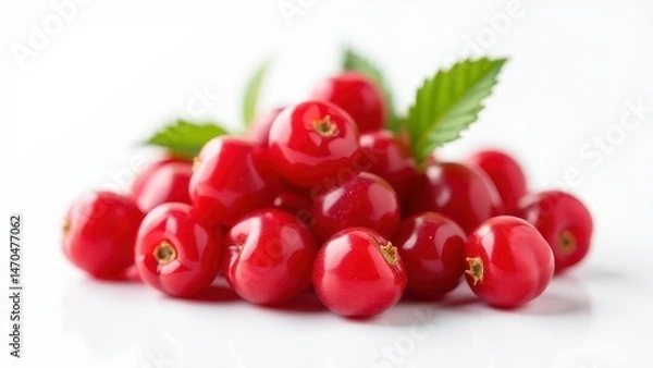 Fototapeta Juicy red cranberries on a white plate, accented by green leaves, with a vibrant splash of cranberry juice