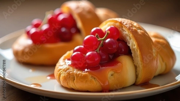 Fototapeta Sweet pastry adorned with vibrant red berries and a glossy syrup glaze sits invitingly on a plate, embodying irresistible dessert allure