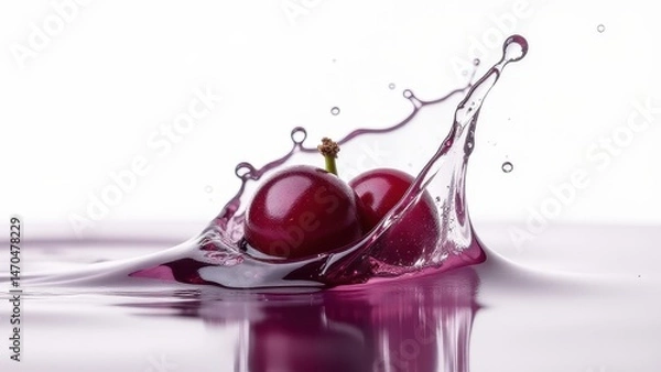 Fototapeta Glistening cherries create a dynamic splash in vibrant purple water, capturing a moment of motion and freshness